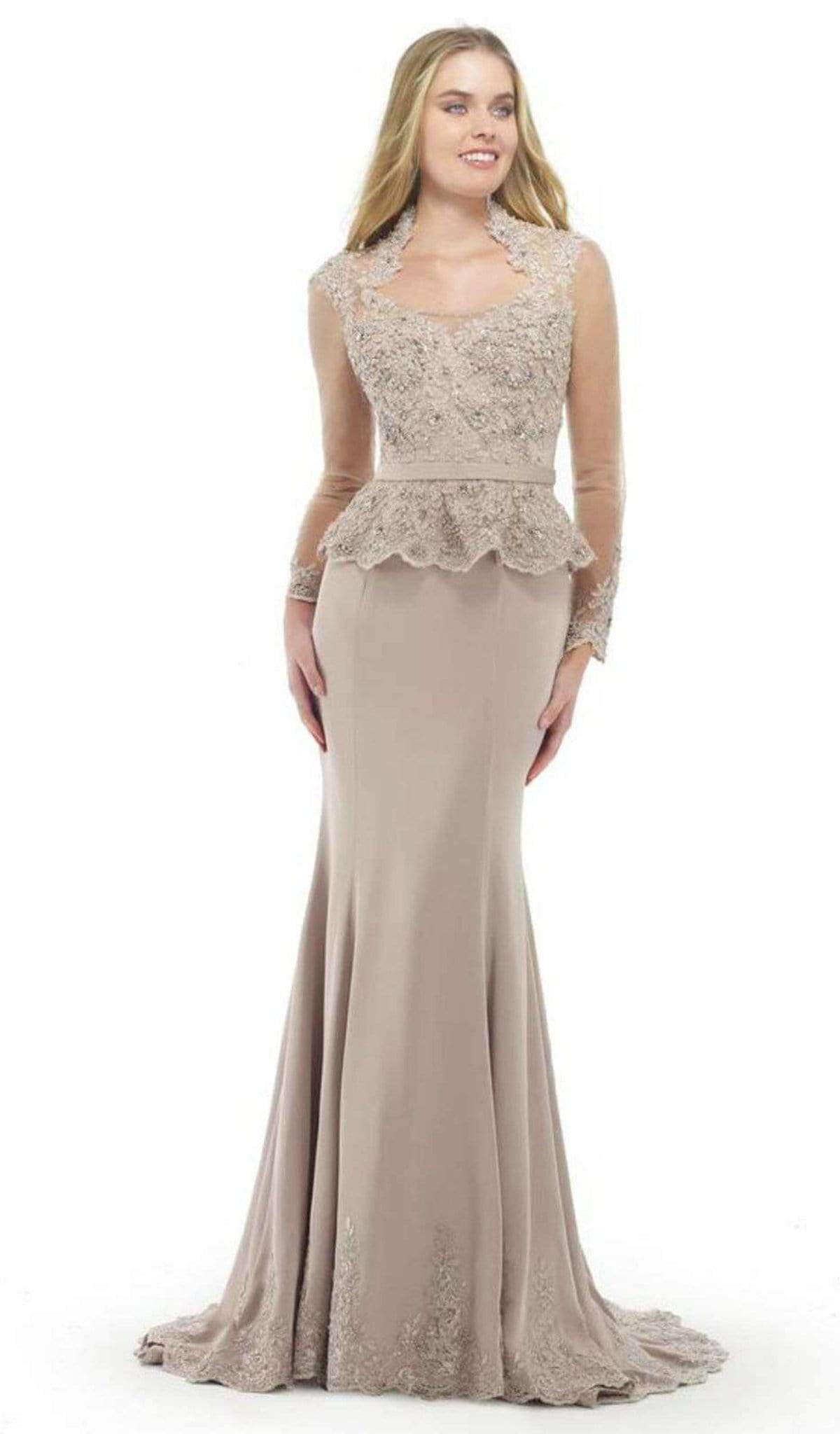 Morrell Maxie Queen Anne Neckline Beaded Sheath Gown 15875 - 1 pc Sand In Size 12 Available CCSALE 12 / Sand