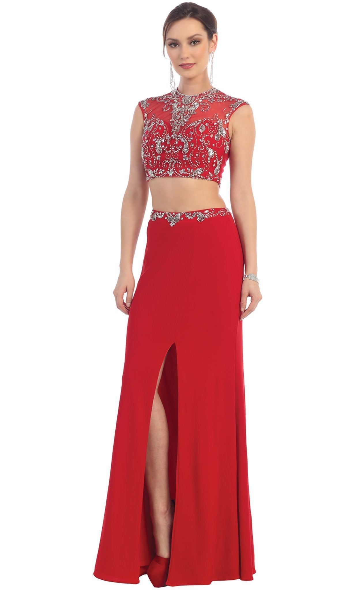 May Queen - MQ1285 Two Piece Illusion Jewel Sheath Evening Dress In Red