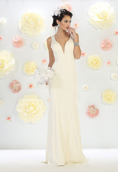 May Queen - MQ1431 Sleeveless Plunging Trumpet Gown In White