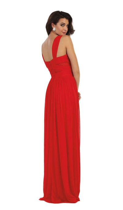 May Queen - MQ1471 Pleated Illusion Midriff Cutout Chiffon Prom Dress In Red