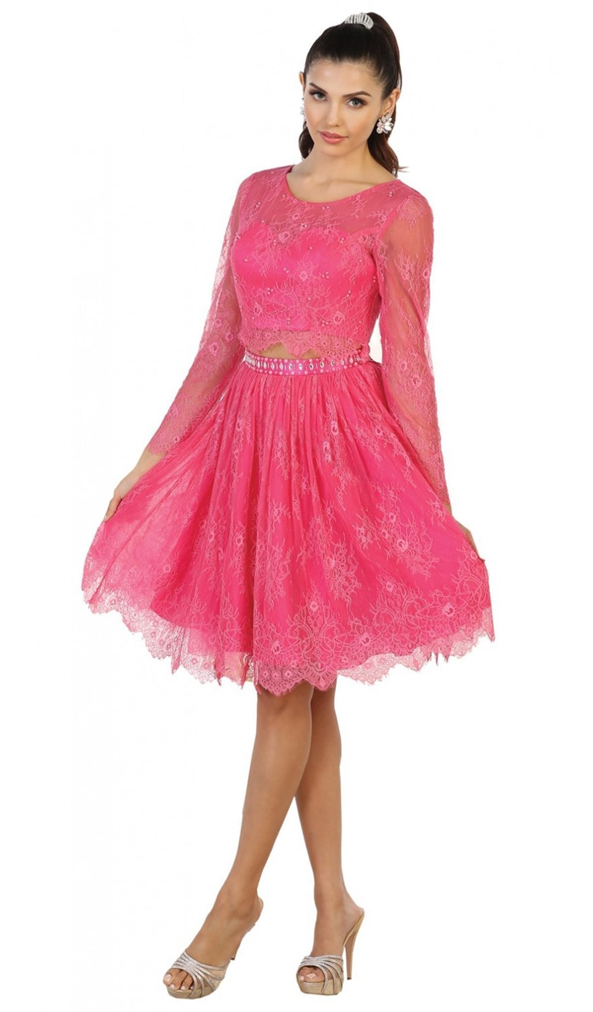 May Queen - MQ1490 Sheer Long Sleeve A-line Cocktail Dress In Pink