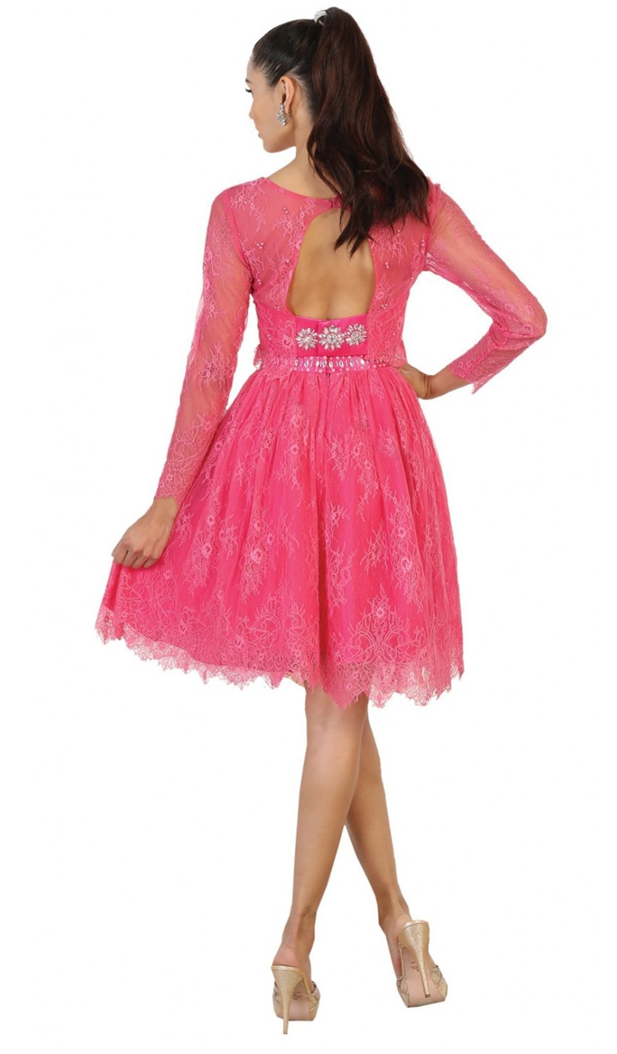 May Queen - MQ1490 Sheer Long Sleeve A-line Cocktail Dress In Pink