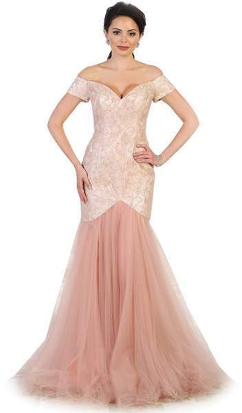 May Queen - V-neck/Off-Shoulder Mermaid Evening Dress MQ1495 In Pink