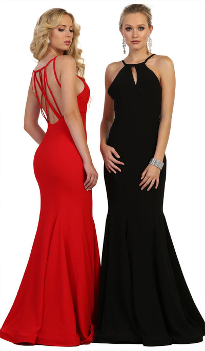 May Queen - MQ1578 Keyhole Cutout Halter Trumpet Gown In Red and Blue