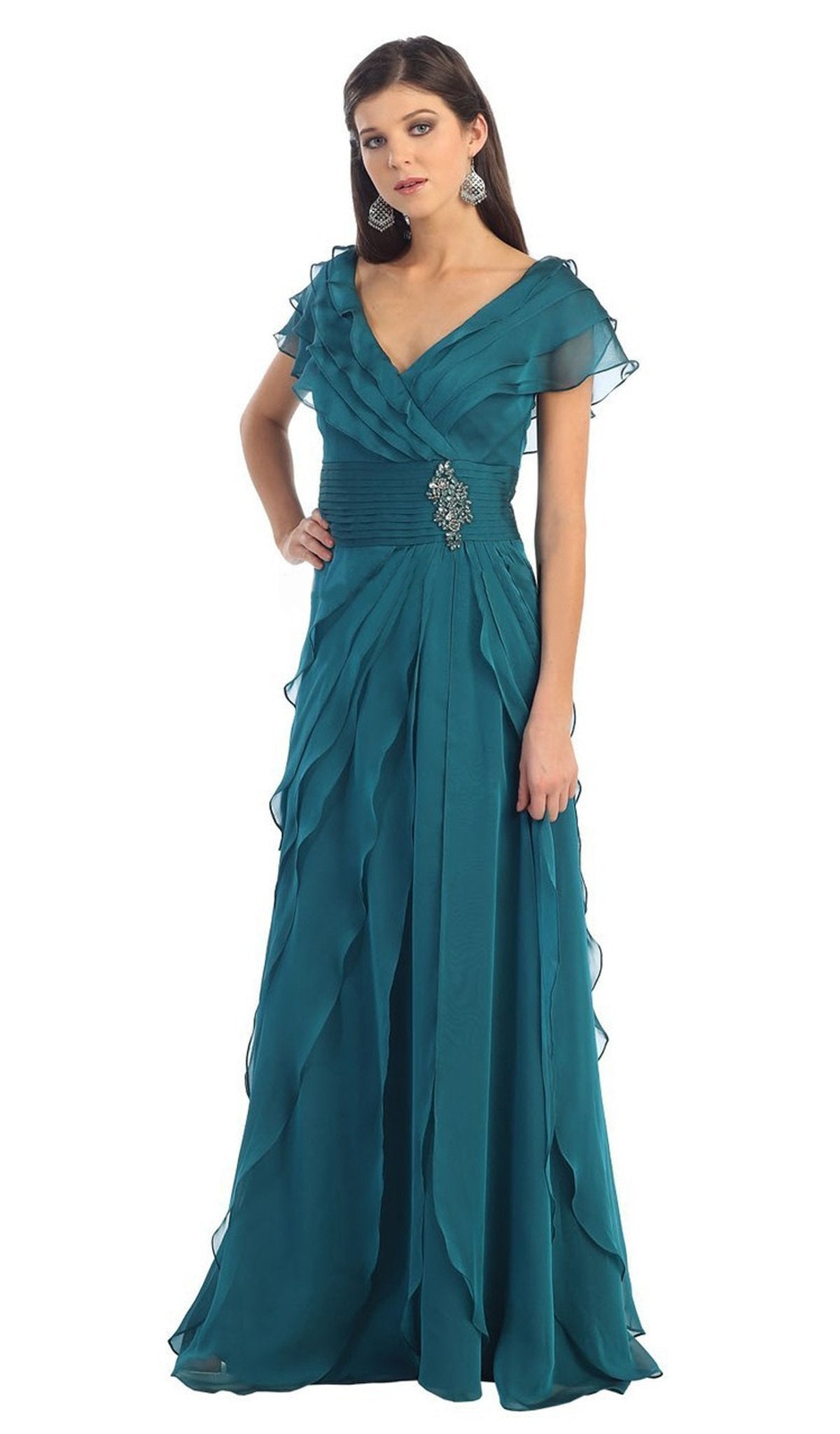 May Queen - MQ831 Tiered Chiffon Surplice V-Neck Formal Dress In Green