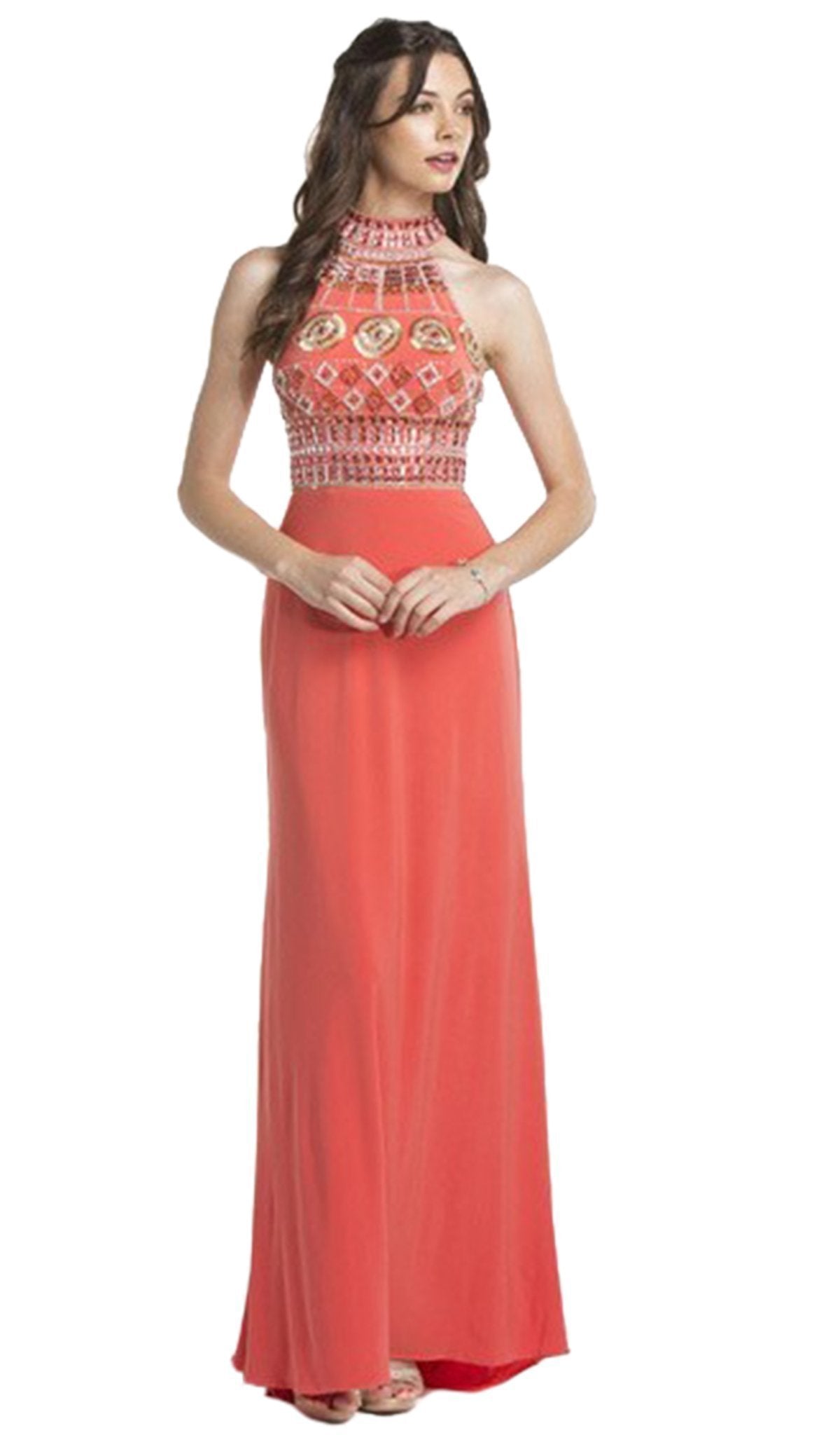 Multi-Beaded Halter Jersey Evening Dress Dress XXS / Coral