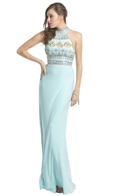 Multi-Beaded Halter Jersey Evening Dress Dress XXS / Light Aqua