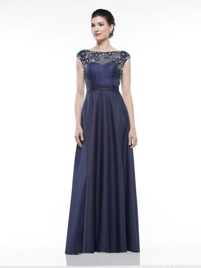 Marsoni By Colors - Cap Sleeve Beaded Illusion Bateau Satin Gown MV1005 In Blue