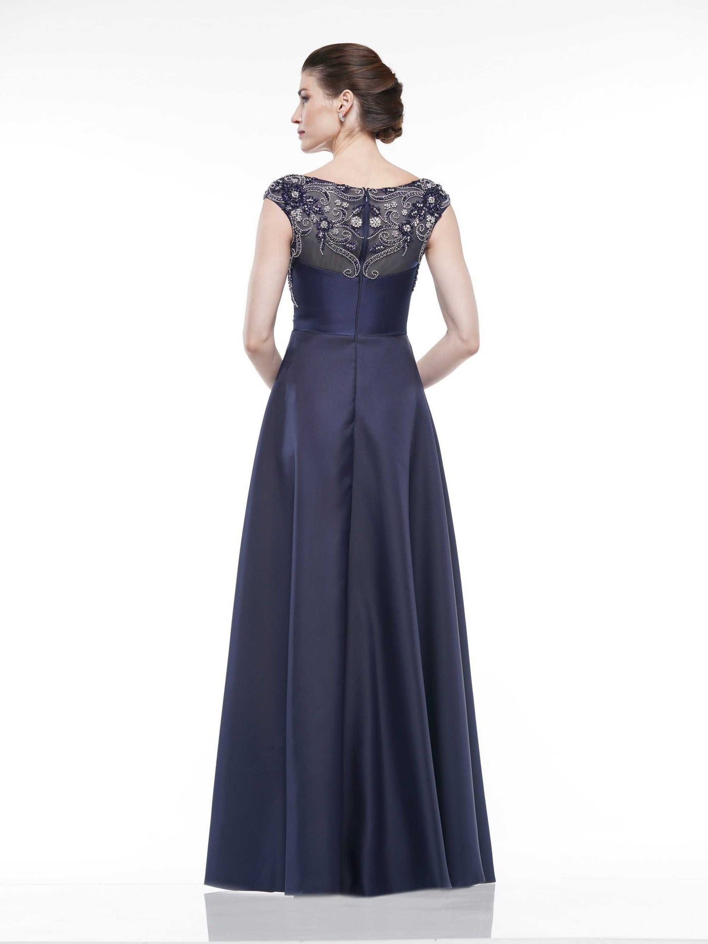 Marsoni By Colors - Cap Sleeve Beaded Illusion Bateau Satin Gown MV1005 In Blue