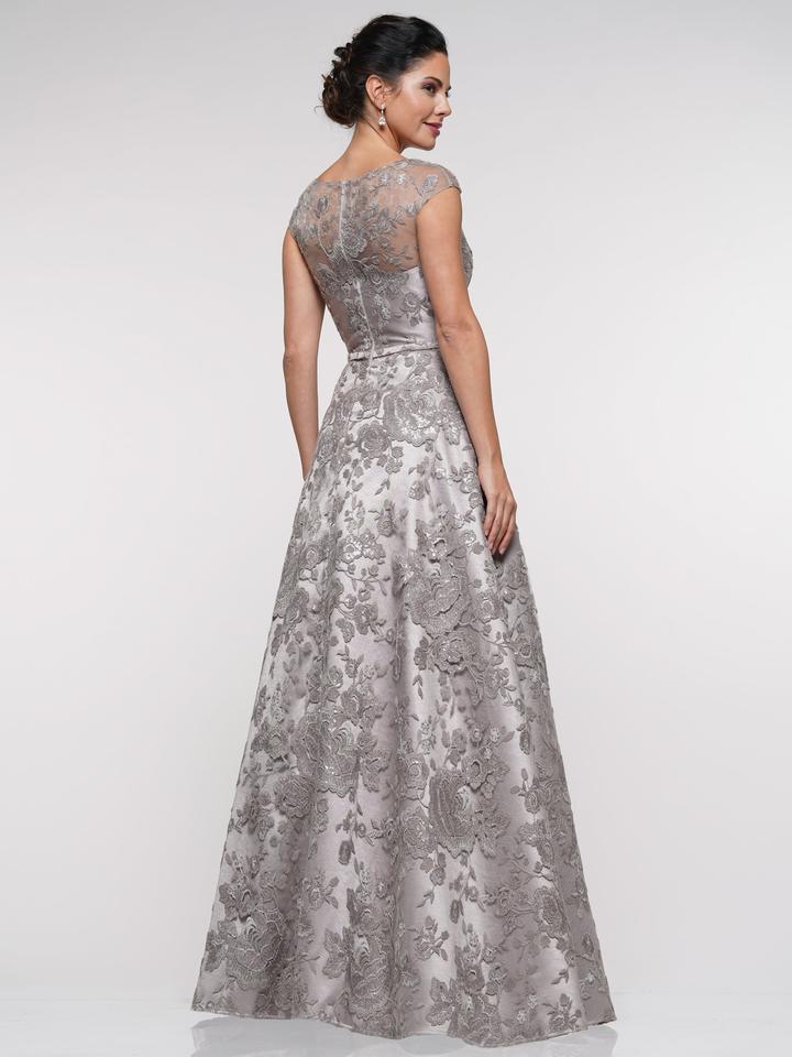 Marsoni By Colors - Sequined Rosette Cap Sleeve Long Gown MV1012 In Silver and Gray