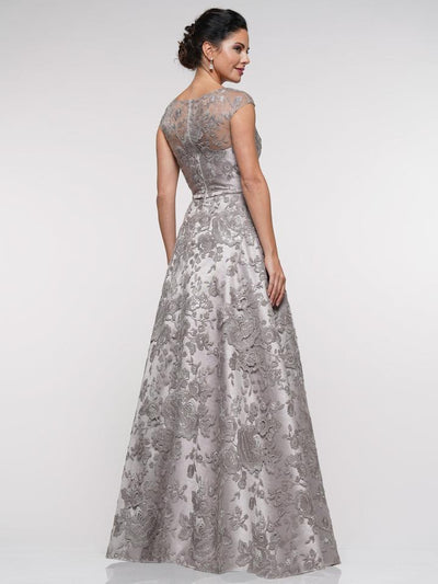 Marsoni By Colors - Sequined Rosette Cap Sleeve Long Gown MV1012 In Silver and Gray