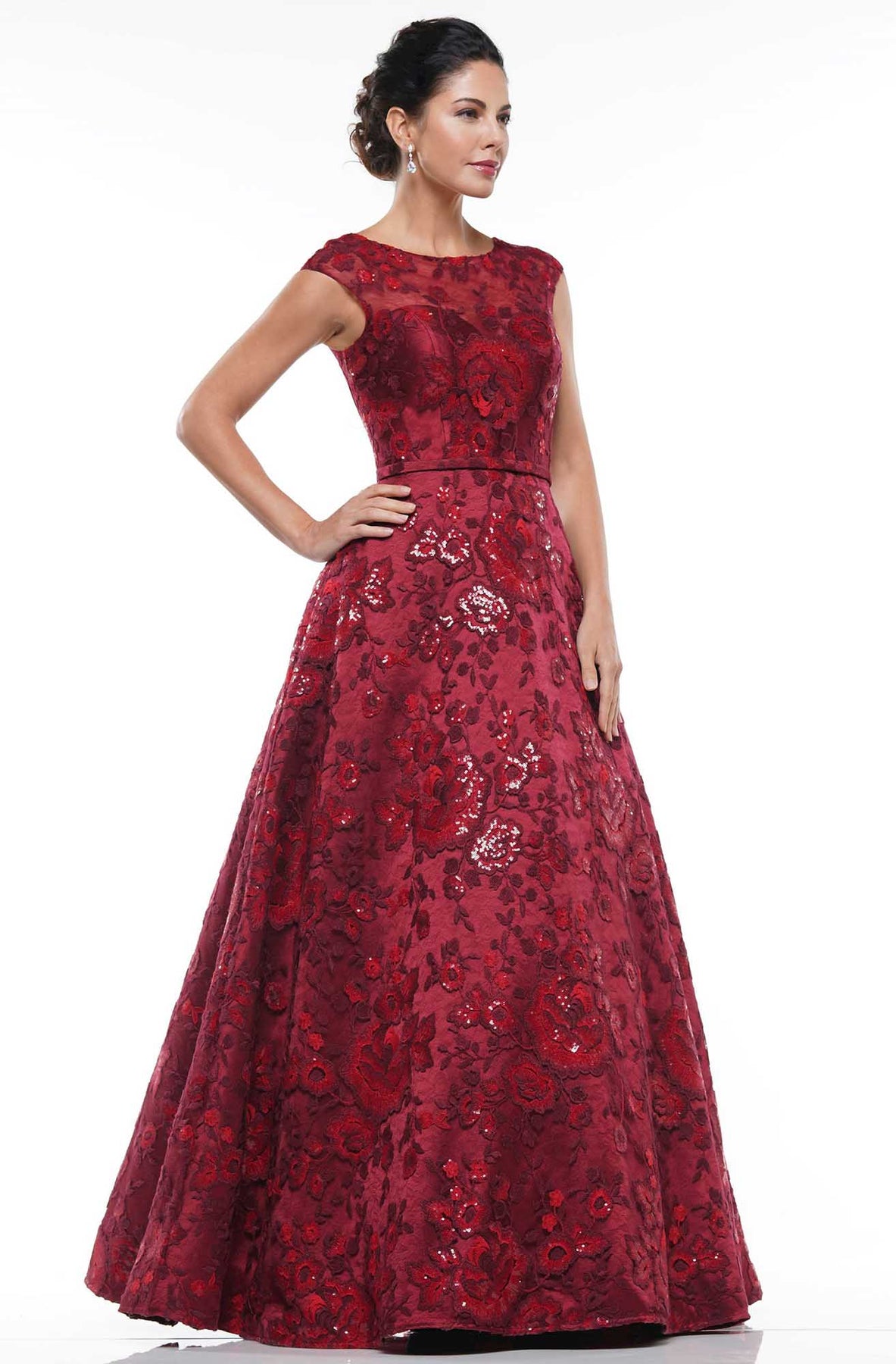 Marsoni By Colors - MV1012 Sequined Rosette Embroidered Long Gown Mother of the Bride Dresses 4 / Wine