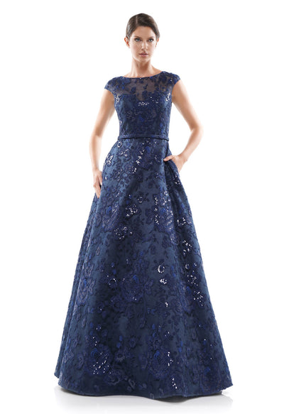 Marsoni By Colors - Sequined Rosette Cap Sleeve Long Gown MV1012 In Blue