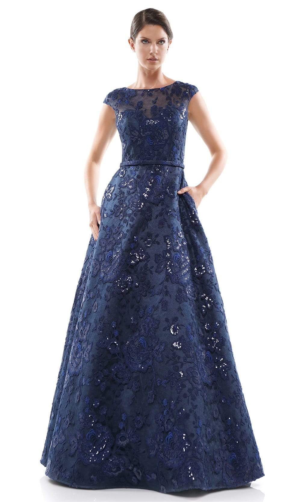 Marsoni By Colors - MV1012 Sequined Rosette Embroidered Long Gown Mother of the Bride Dresses 4 / Navy