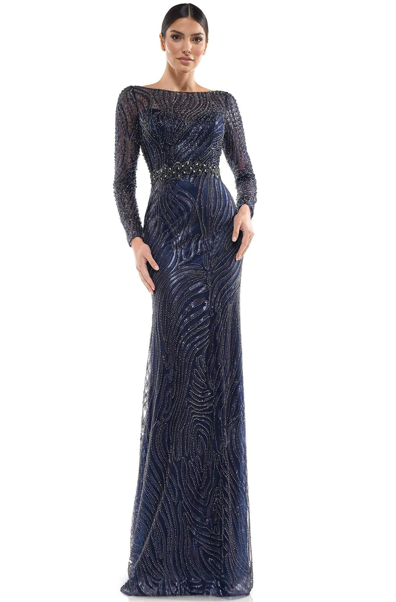 Marsoni by Colors - MV1027 Embellished Bateau Trumpet Dress Mother of the Bride Dresses 4 / Midnight