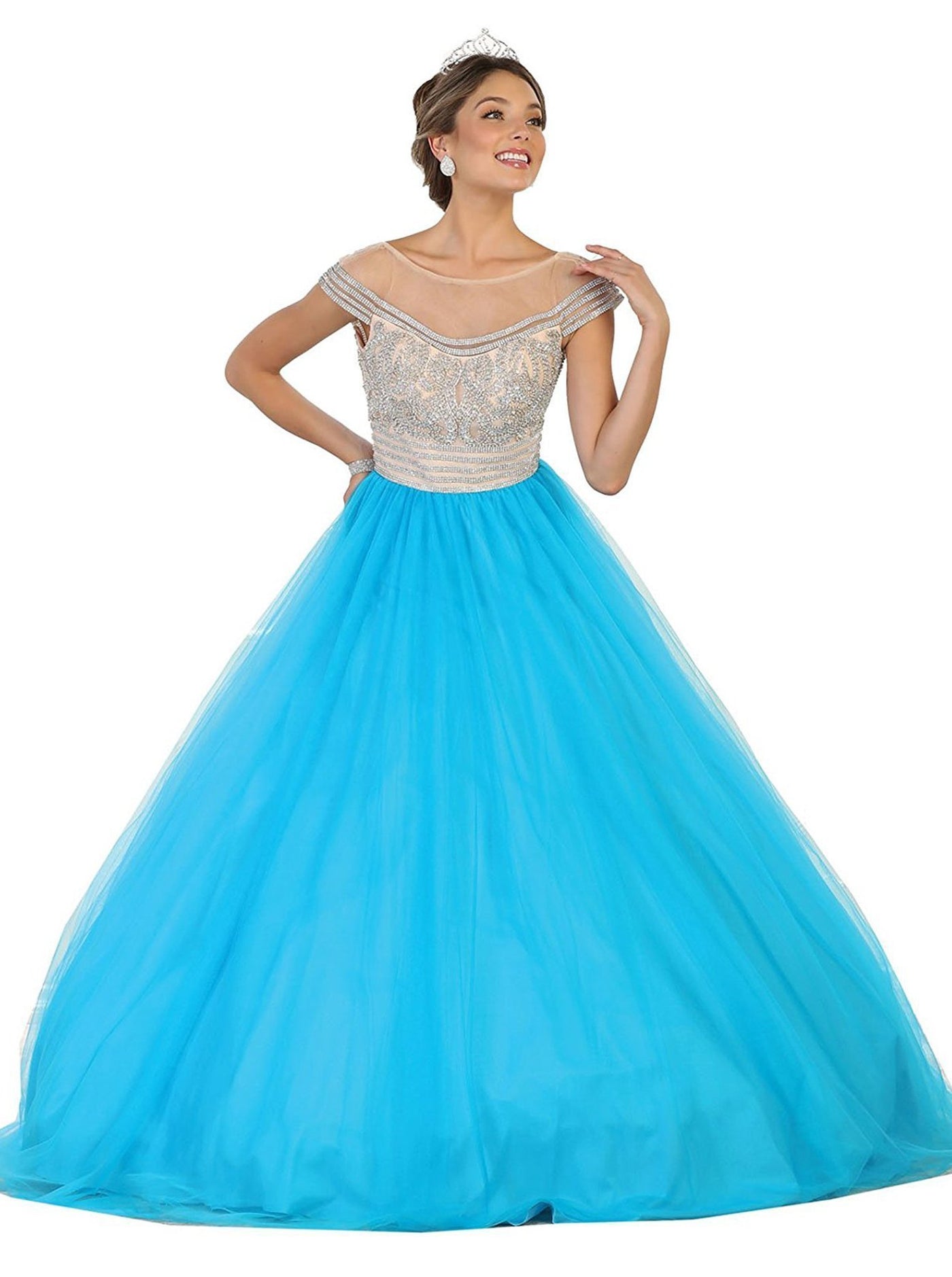 May Queen - LK87 Cap Sleeve Crystal Embellished Quinceanera Ballgown In Blue
