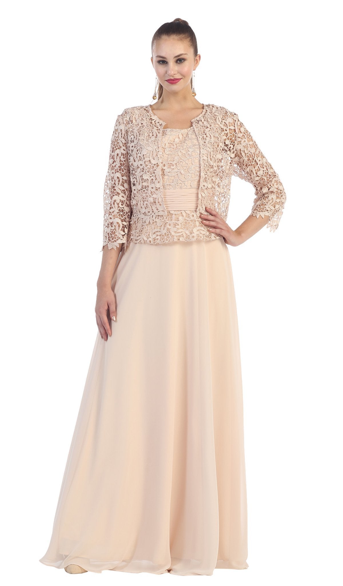 May Queen - MQ1288 Exquisite Bateau Lace Long Evening Dress with Lace Jacket In Nude