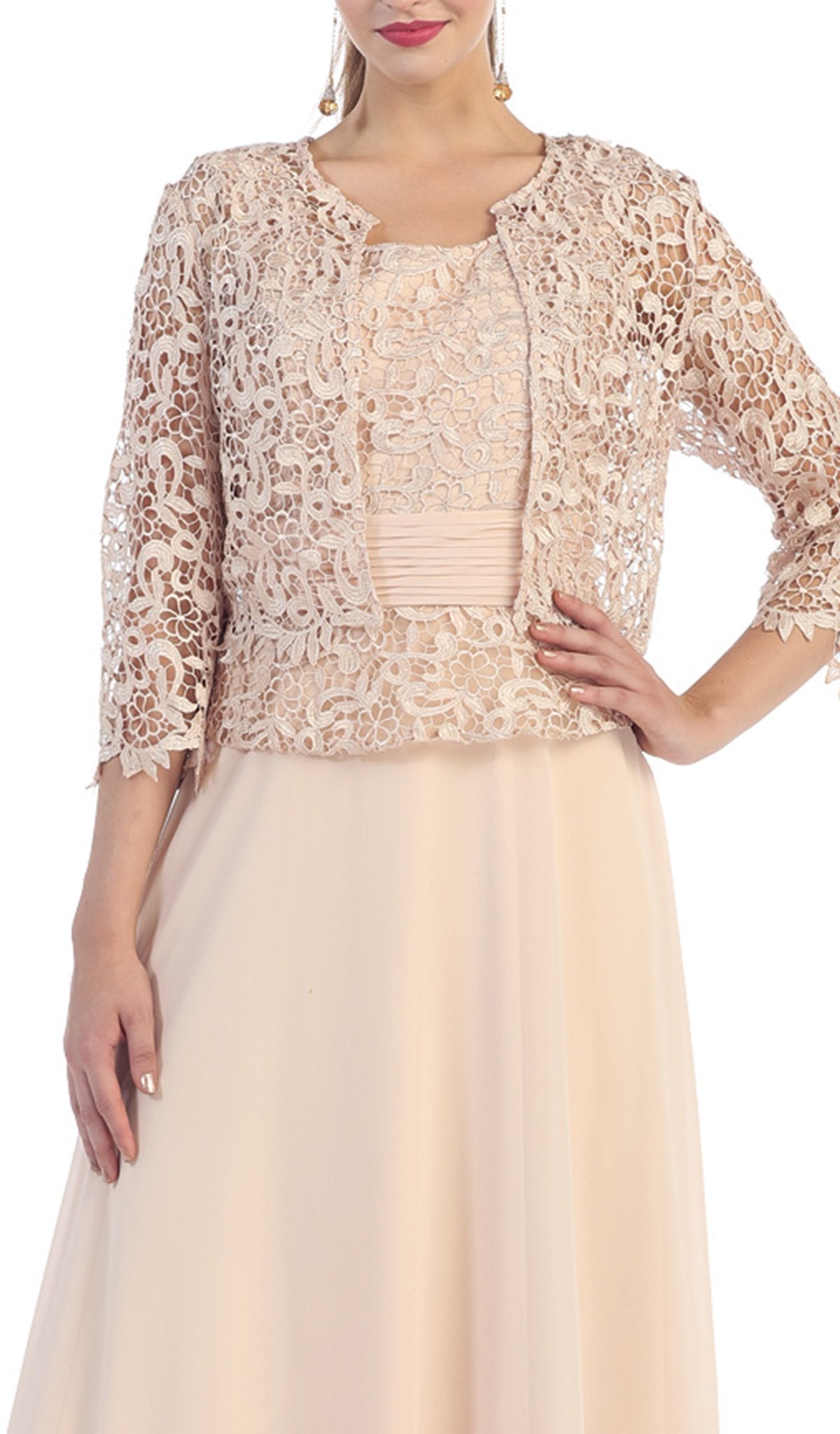 May Queen - MQ1288 Exquisite Bateau Lace Long Evening Dress with Lace Jacket In Nude