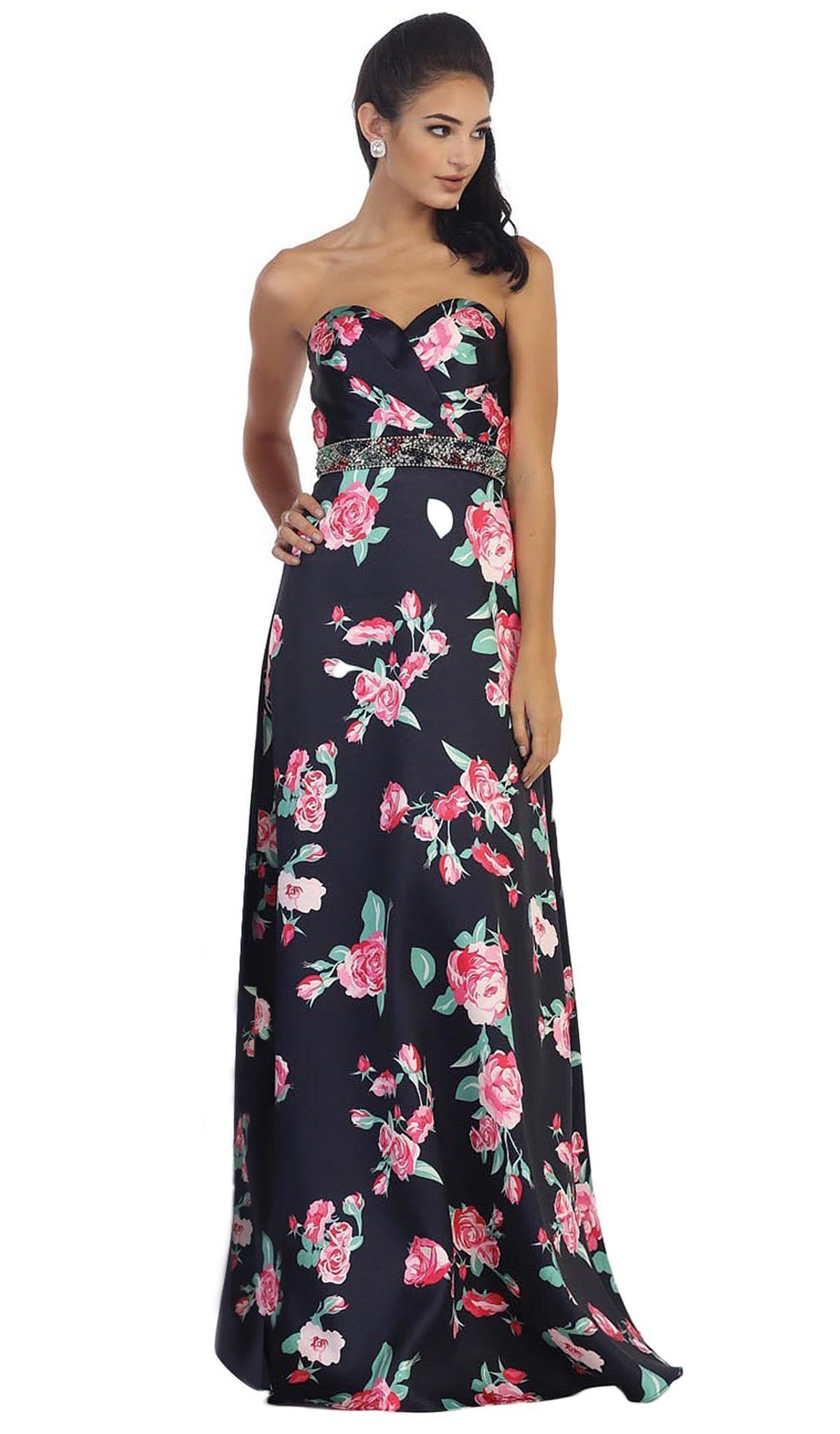 May Queen - Strapless Floral Print Evening Gown MQ1403 In Blue and Pink