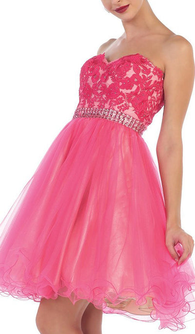 May Queen - MQ1425 Flirty Laced Embellished Sweetheart A-Line Cocktail Dress in Pink