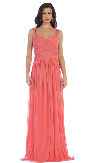 May Queen - MQ1471 Pleated Illusion Midriff Cutout Chiffon Prom Dress In Pink