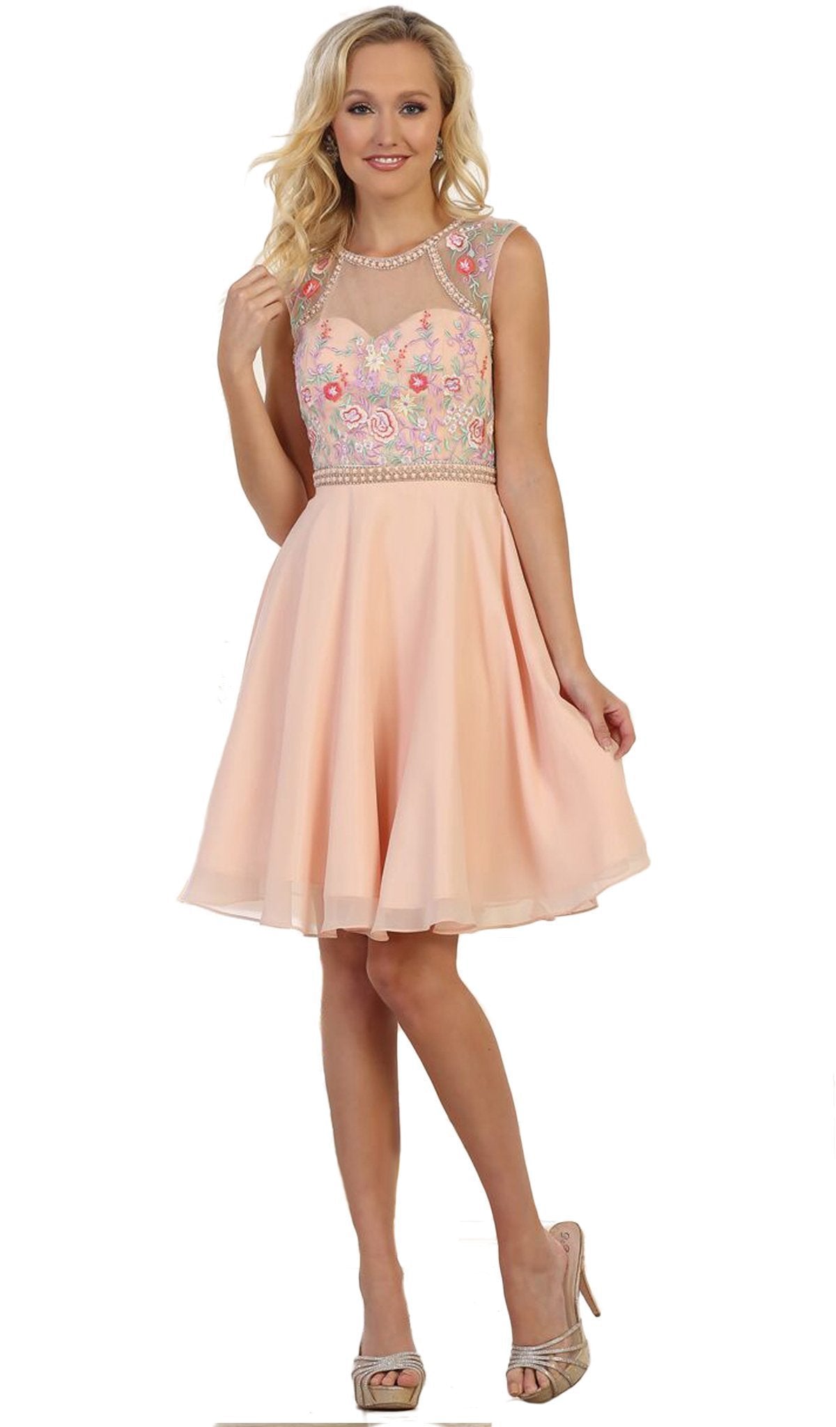 May Queen - MQ1535 Floral Detailed Illusion Jewel A-line Cocktail Dress In Pink