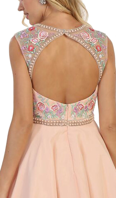 May Queen - MQ1535 Floral Detailed Illusion Jewel A-line Cocktail Dress In Pink