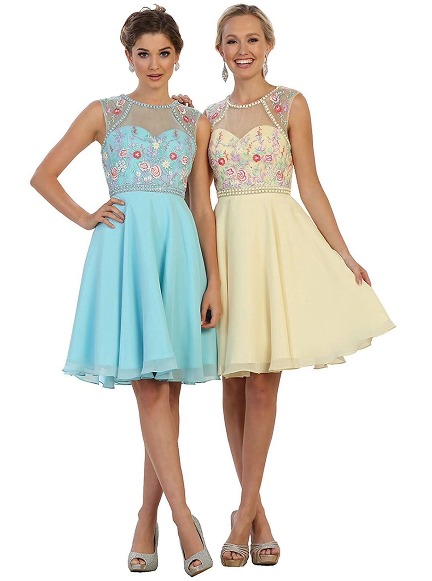 May Queen - MQ1535 Floral Detailed Illusion Jewel A-line Cocktail Dress In Blue And Yellow