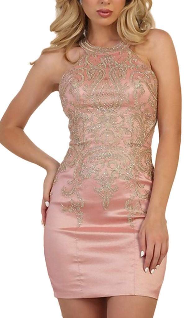 May Queen - Lace Appliqued Halter Sheath Cocktail Dress In Pink