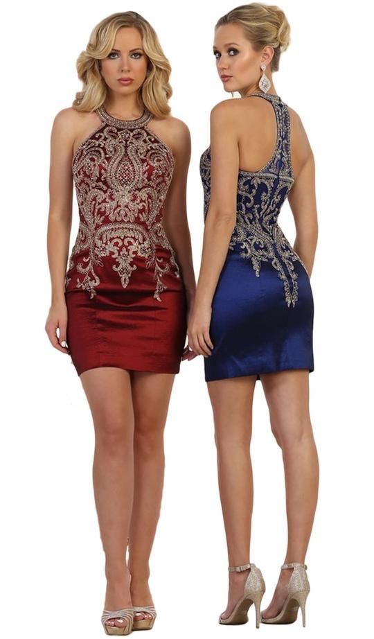 May Queen - Lace Appliqued Halter Sheath Cocktail Dress In Red and Blue