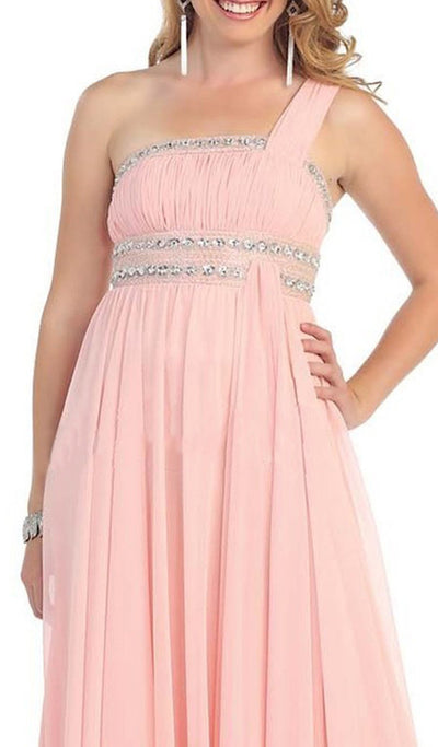 May Queen - MQ748 One Shoulder Strap Bejeweled Straight Neck Chiffon Prom Dress In Pink