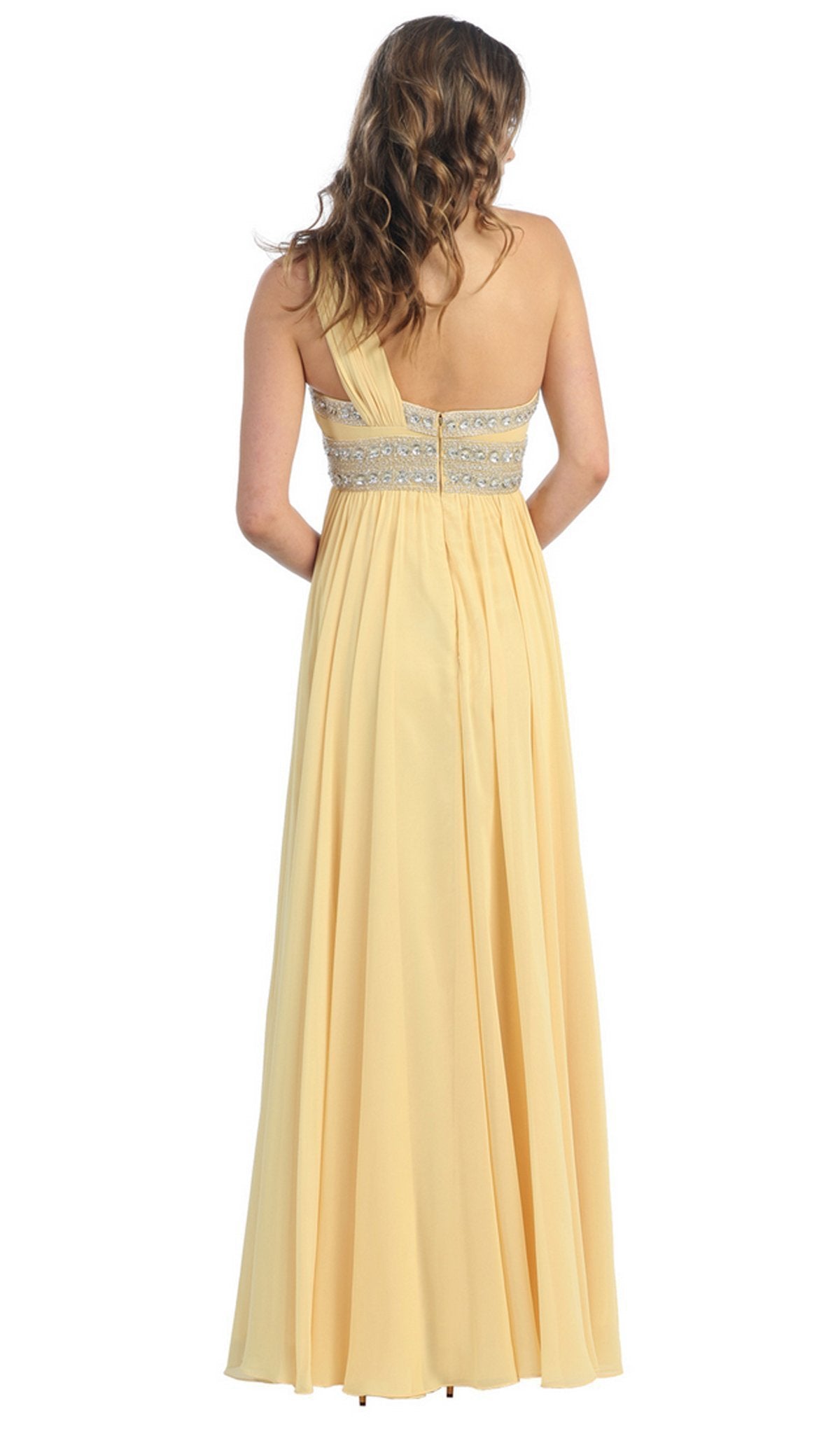 May Queen - MQ748 One Shoulder Strap Bejeweled Straight Neck Chiffon Prom Dress In Orange