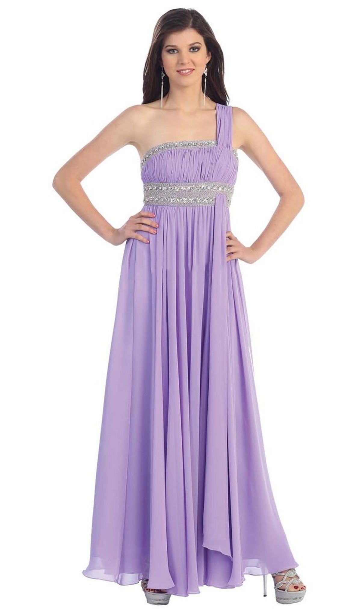 May Queen - MQ748 One Shoulder Strap Bejeweled Straight Neck Chiffon Prom Dress In Purple