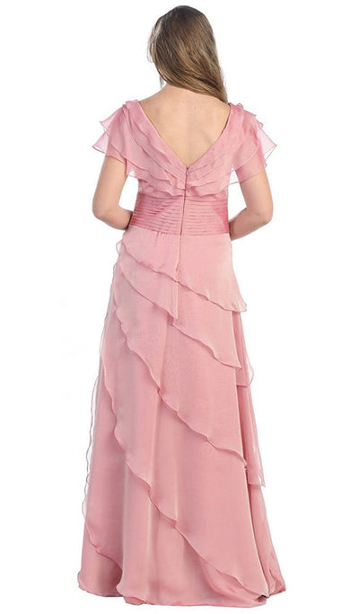 May Queen - MQ831 Tiered Chiffon Surplice V-Neck Formal Dress In Pink