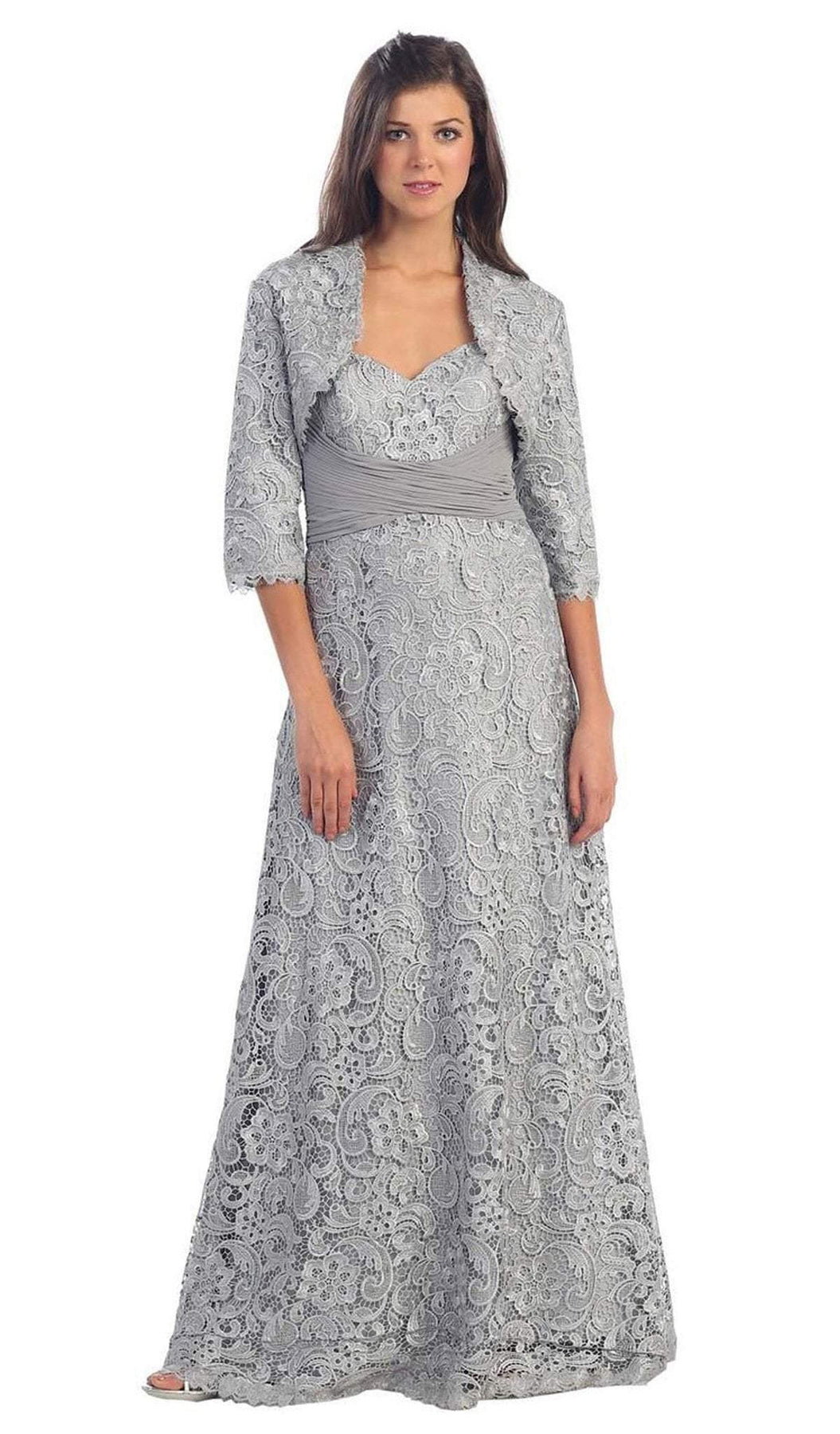 May Queen - MQ888 Baroque Lace Sweetheart Evening Dress with Bolero In Silver