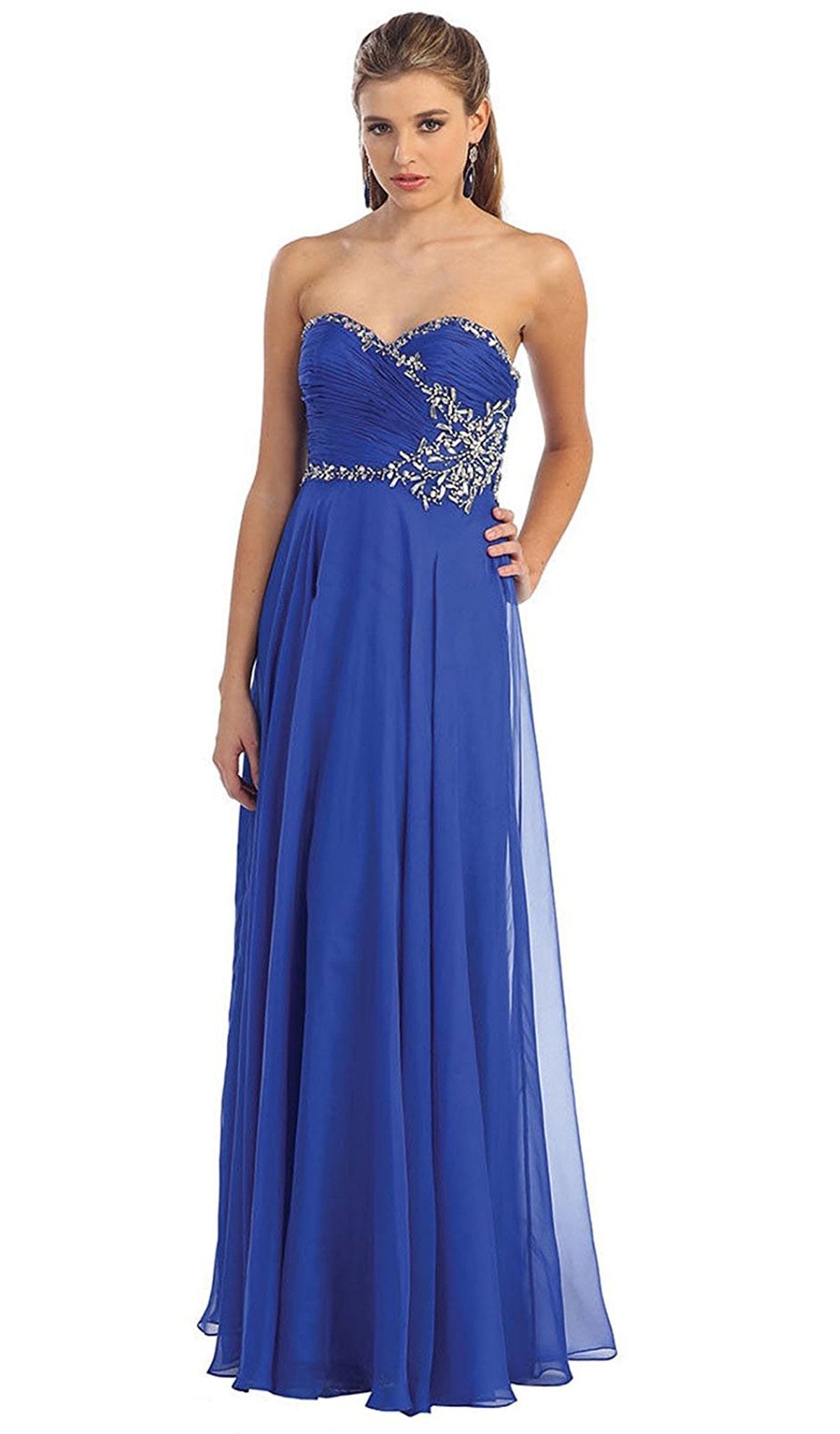 May Queen - MQ981 Embellished Ruched Sweetheart Chiffon Prom Dress In Blue