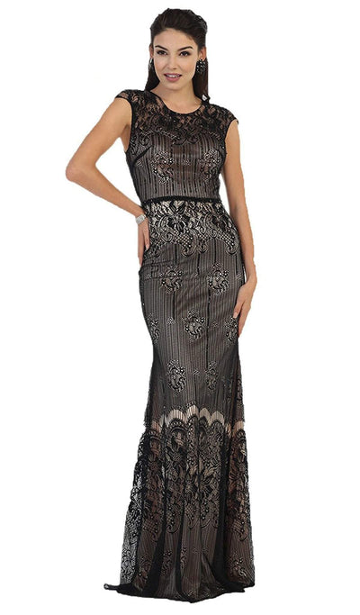 May Queen - RQ7448 Cap Sleeve Sequined Lace Evening Gown In Black