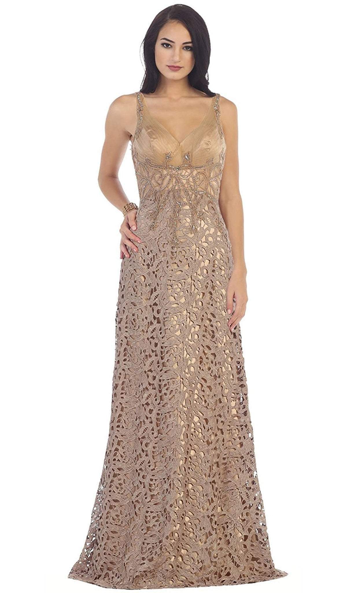 May Queen - RQ7470 Bedazzled V-neck Sheath Evening Dress In Brown