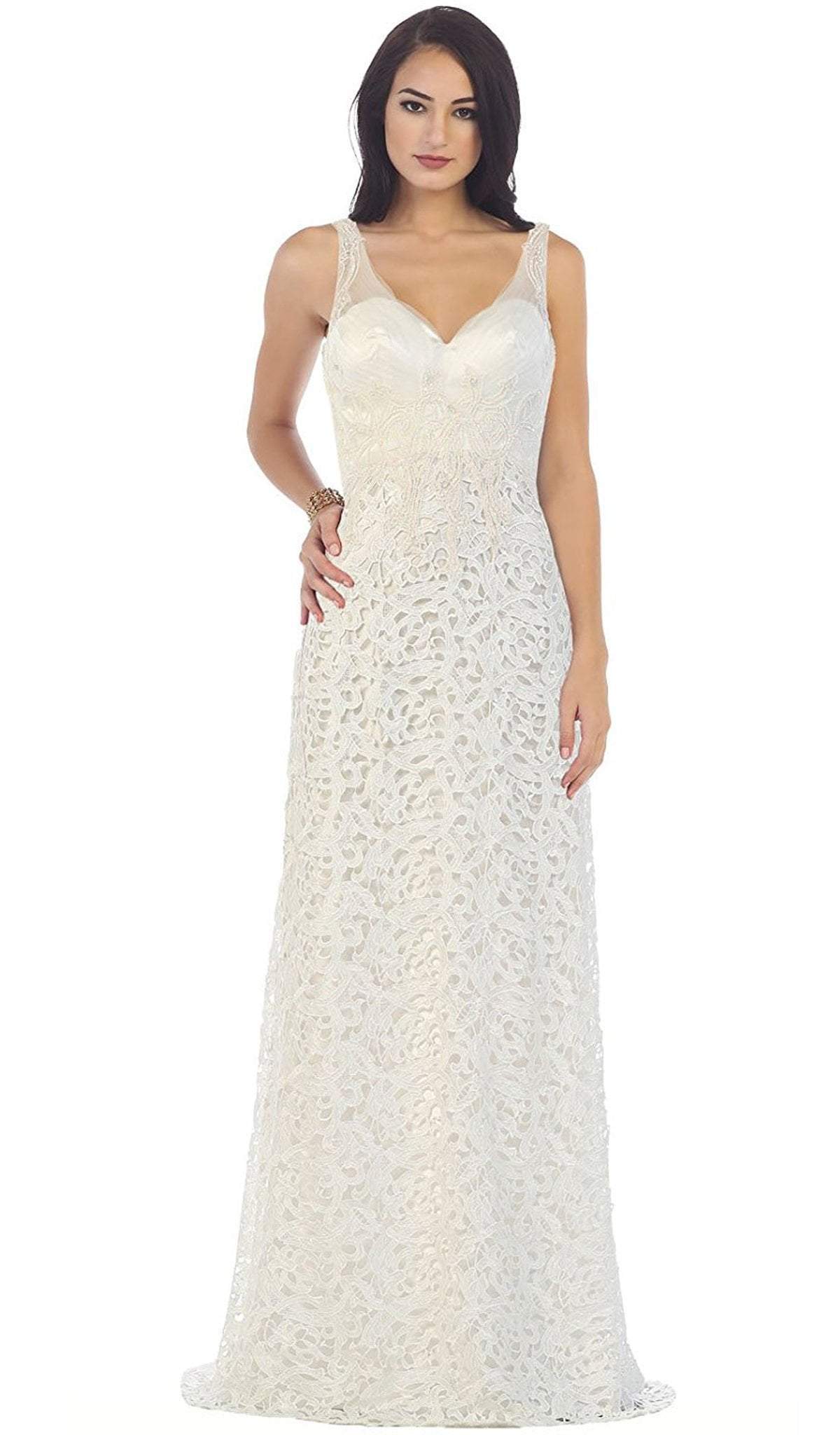 May Queen - RQ7470 Bedazzled V-neck Sheath Evening Dress In White