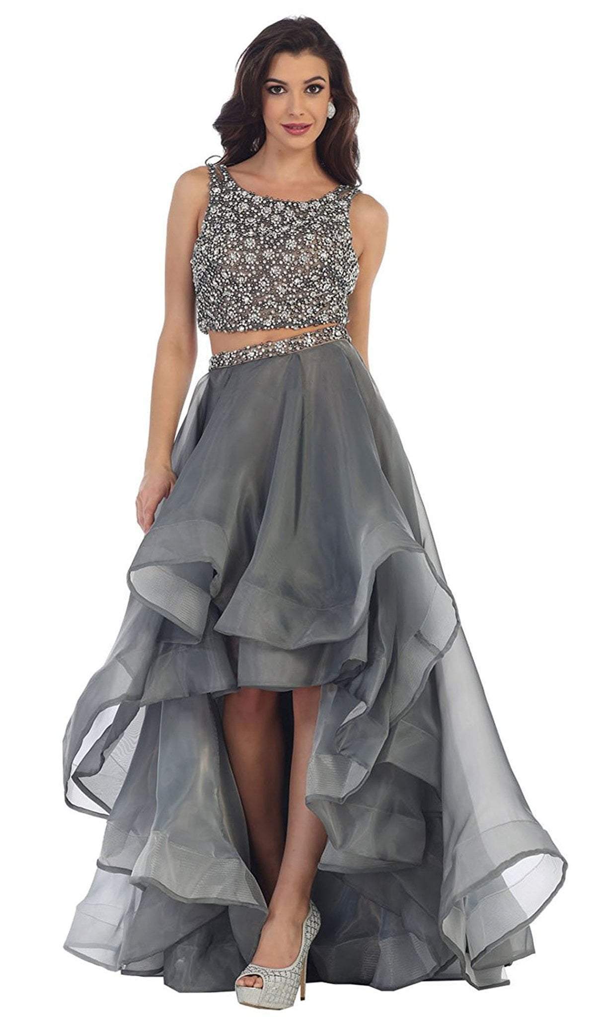 May Queen - RQ7486 Two Piece Bateau A-line Prom Dress In Gray