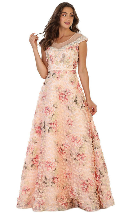 May Queen - RQ7554 Cap Sleeve Floral Embellished A-line Evening Gown In Pink