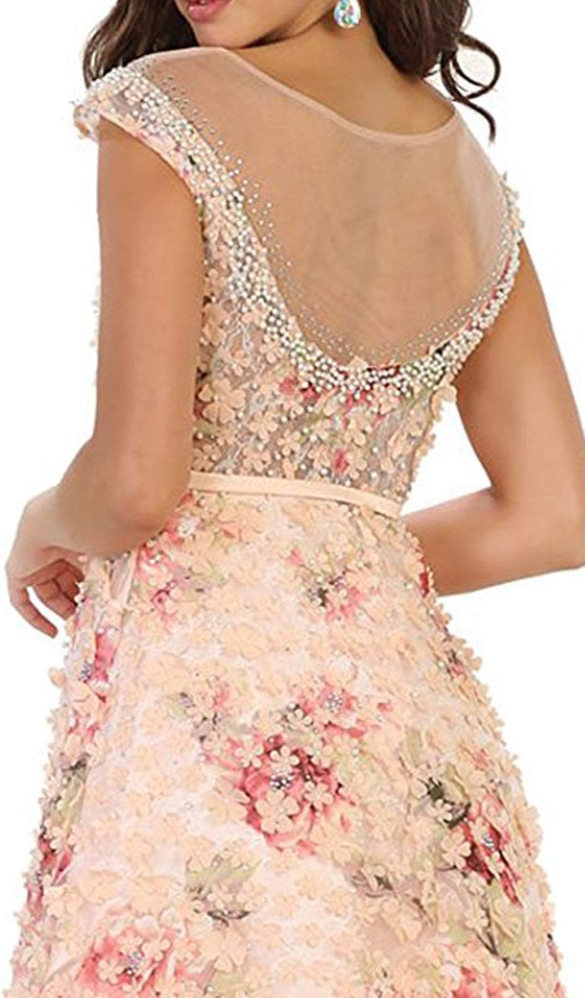 May Queen - RQ7554 Cap Sleeve Floral Embellished A-line Evening Gown In Pink