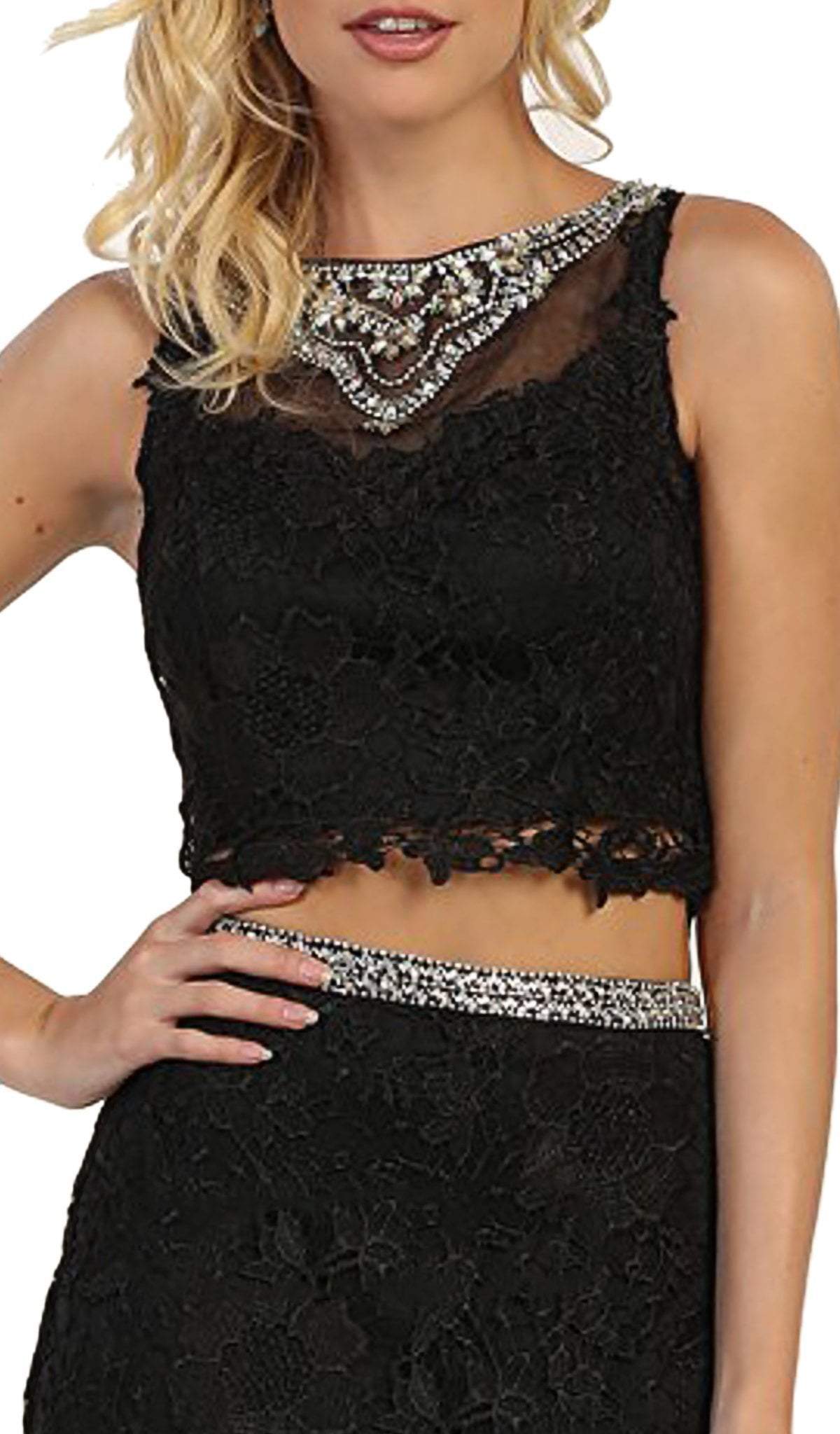May Queen - RQ7579 Sleeveless Two-Piece Lace Sheath Evening Gown In Black