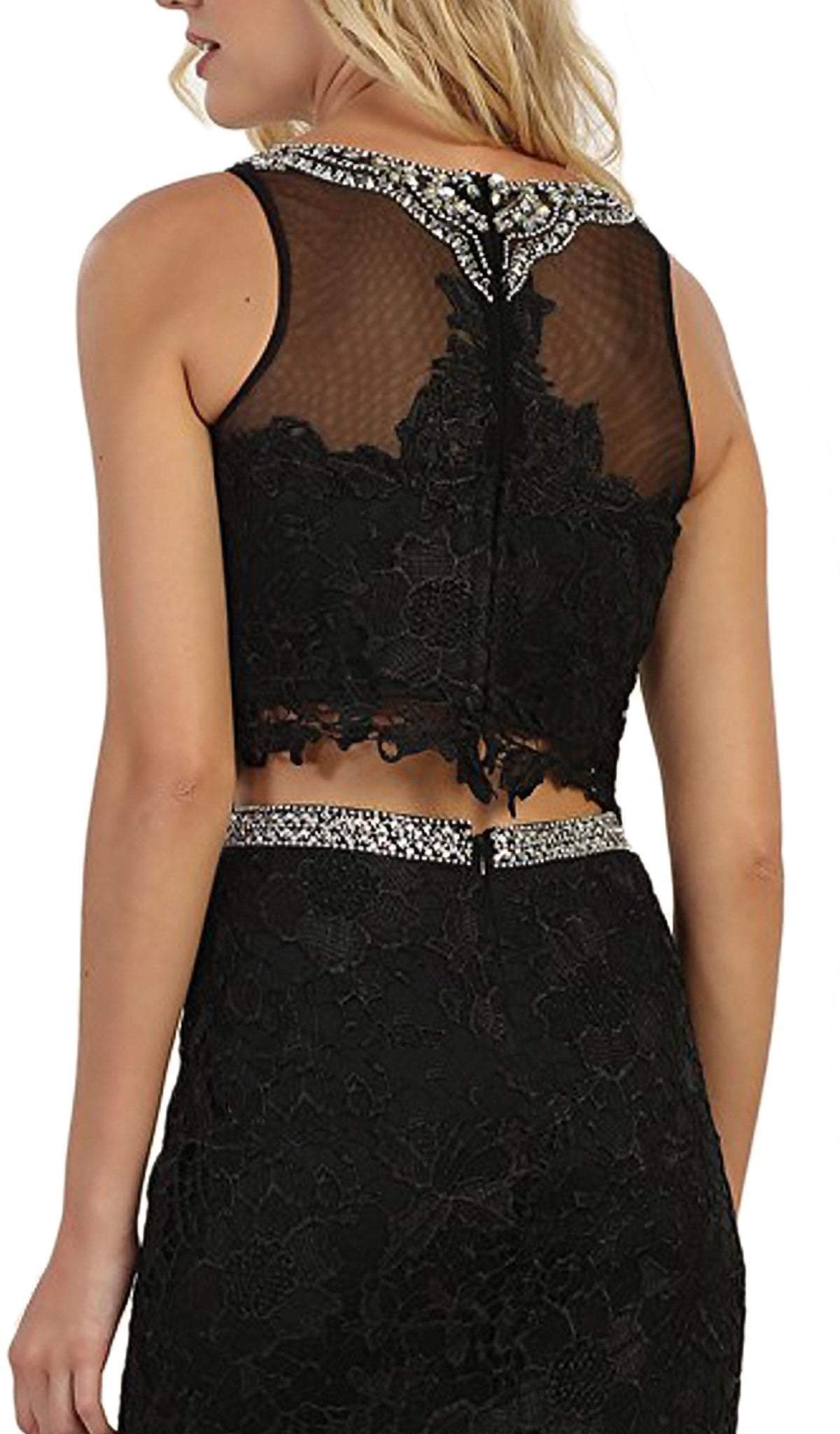 May Queen - RQ7579 Sleeveless Two-Piece Lace Sheath Evening Gown In Black