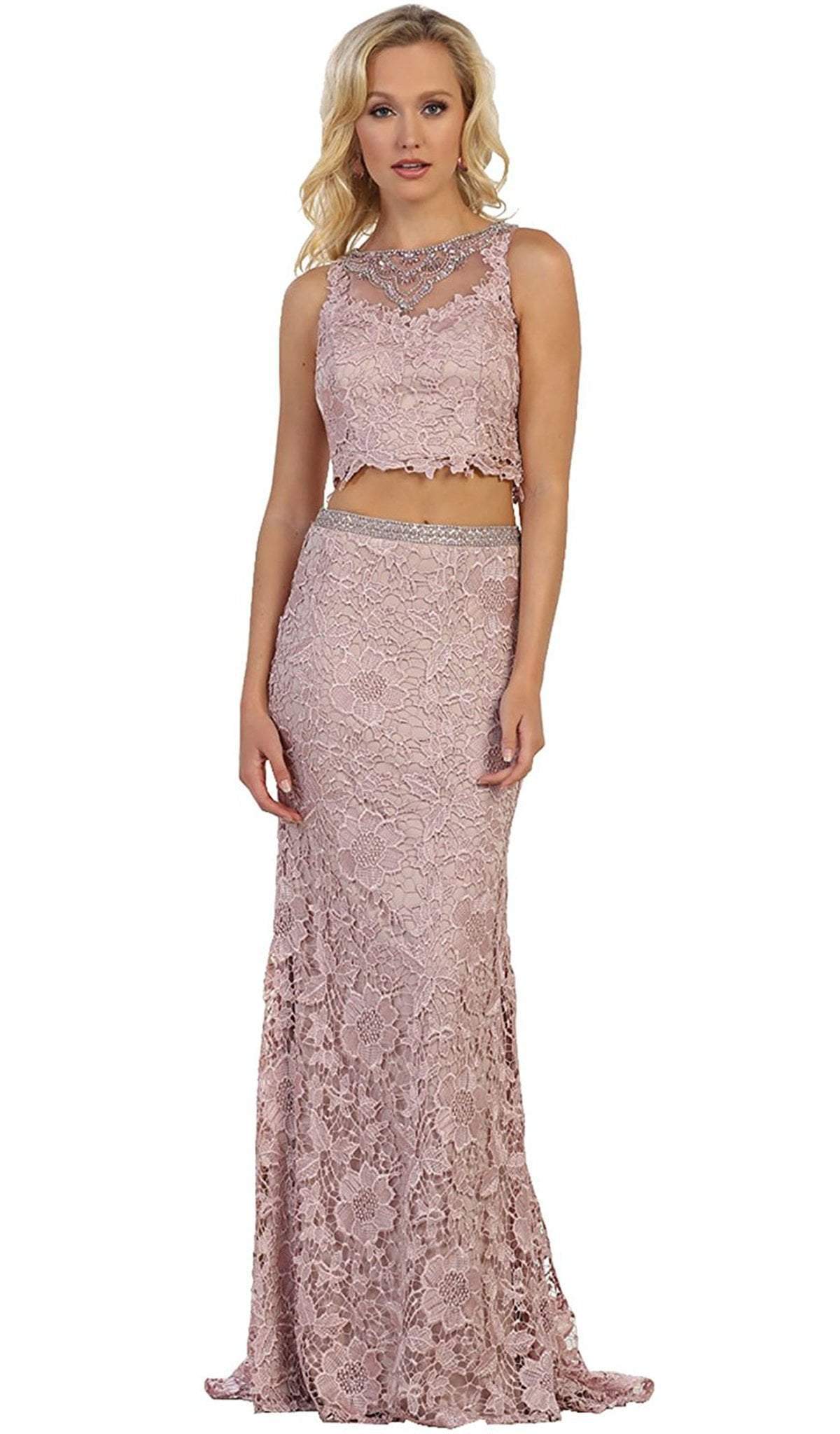 May Queen - RQ7579 Sleeveless Two-Piece Lace Sheath Evening Gown In Purple