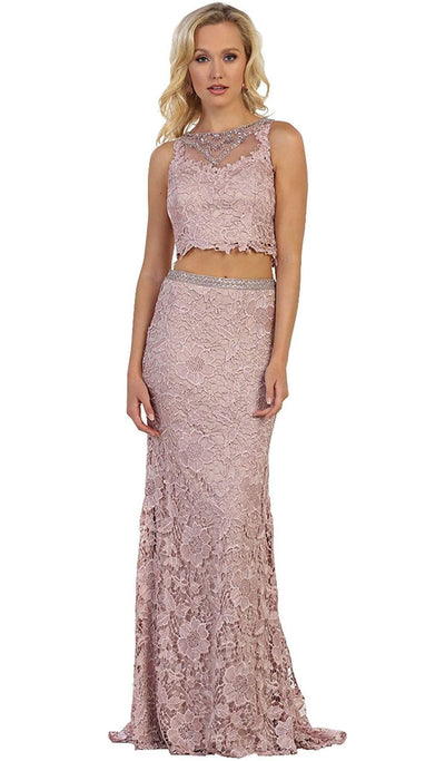 May Queen - RQ7579 Sleeveless Two-Piece Lace Sheath Evening Gown In Purple
