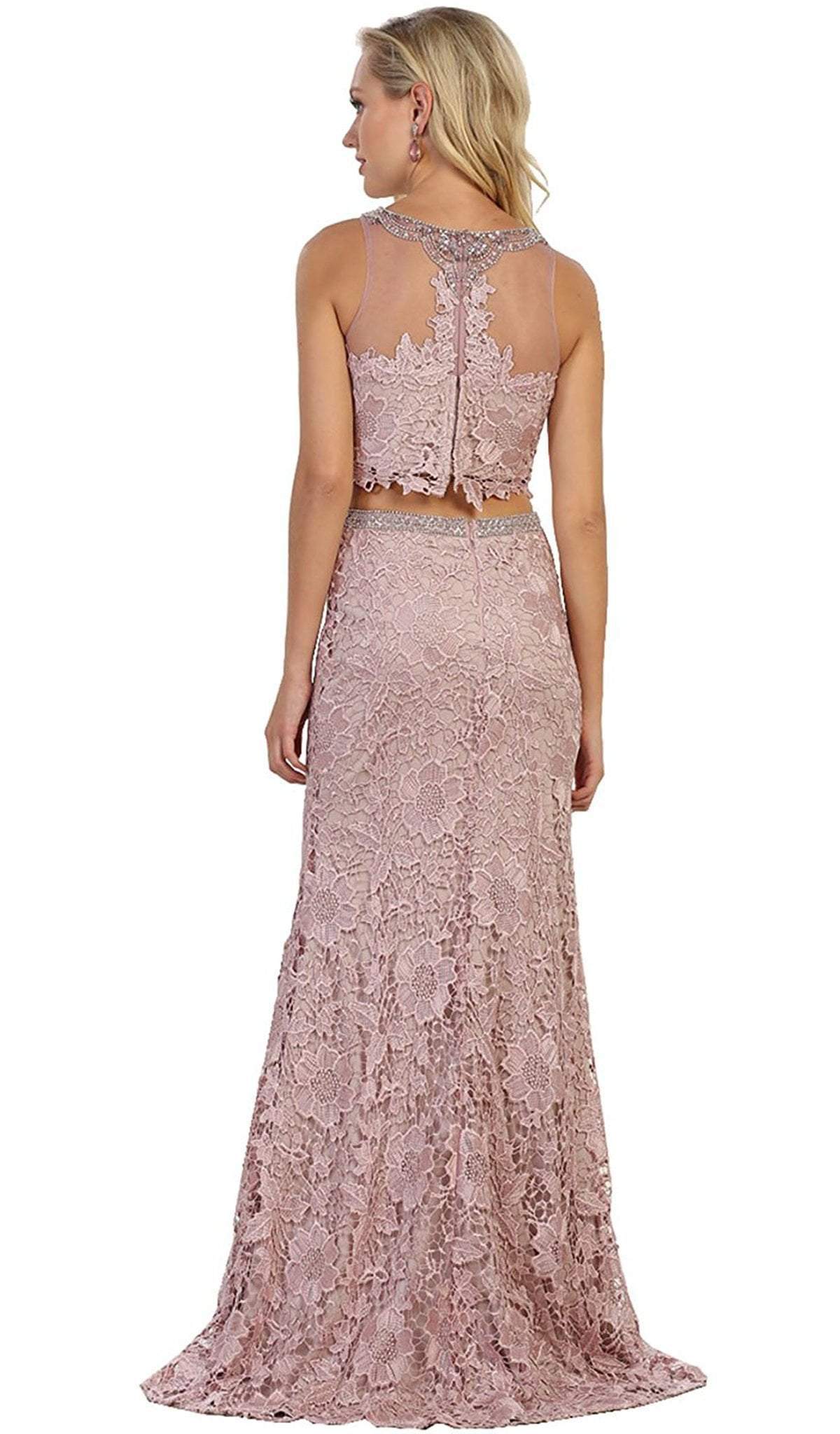May Queen - RQ7579 Sleeveless Two-Piece Lace Sheath Evening Gown In Purple