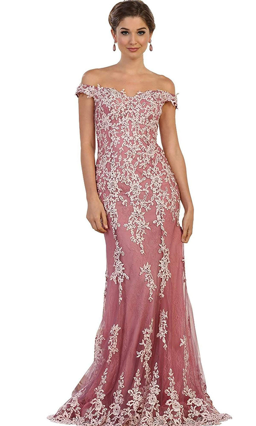 May Queen - Bead Embellished Off-Shoulder Sheath Dress RQ7593 - 1 pc Mauve In Size 10 Available CCSALE 10 / Mauve