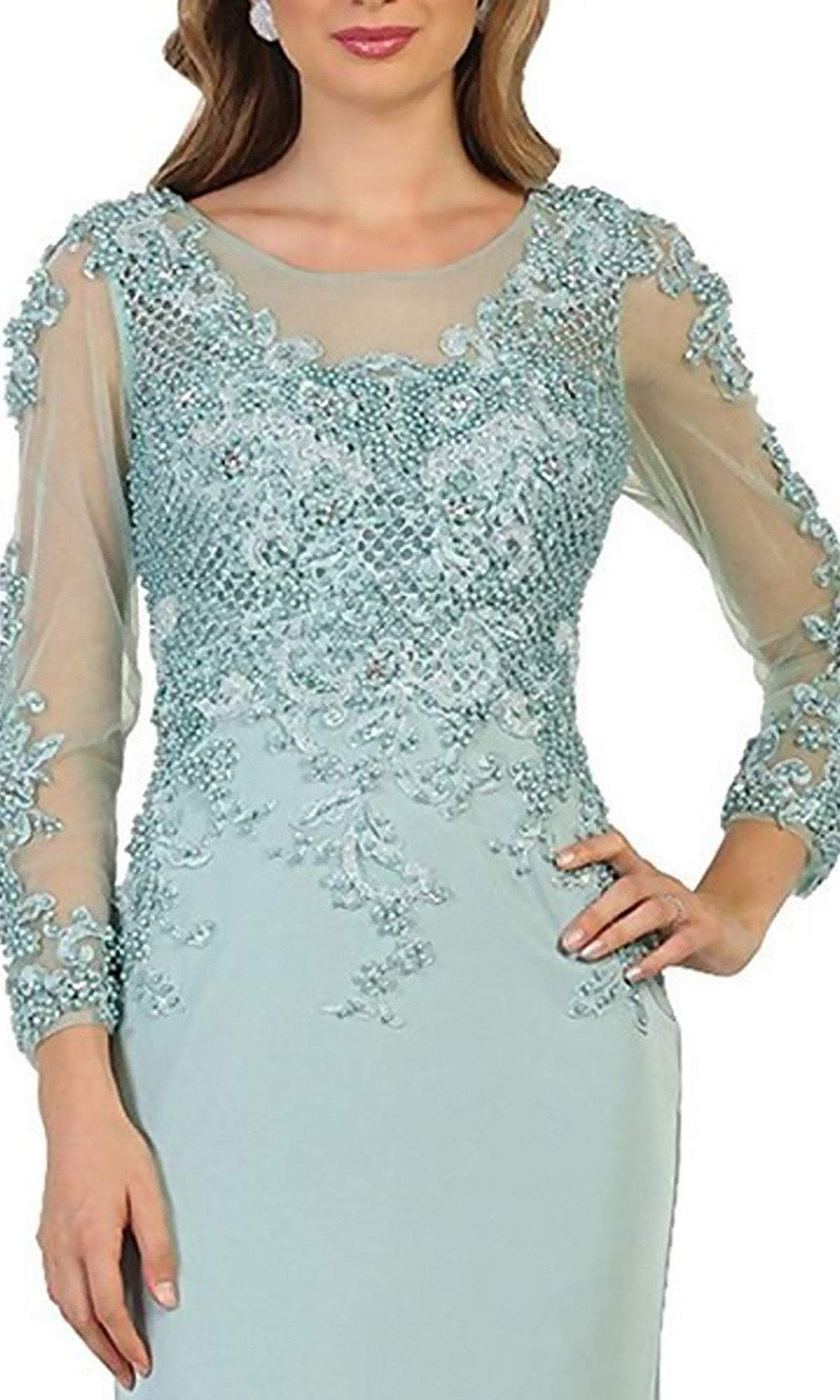 May Queen - Embellished Long Sleeve Illusion Scoop Sheath Mother of the Bride Gown RQ7594 - 1 pc Sage In Size M Available CCSALE M / Sage