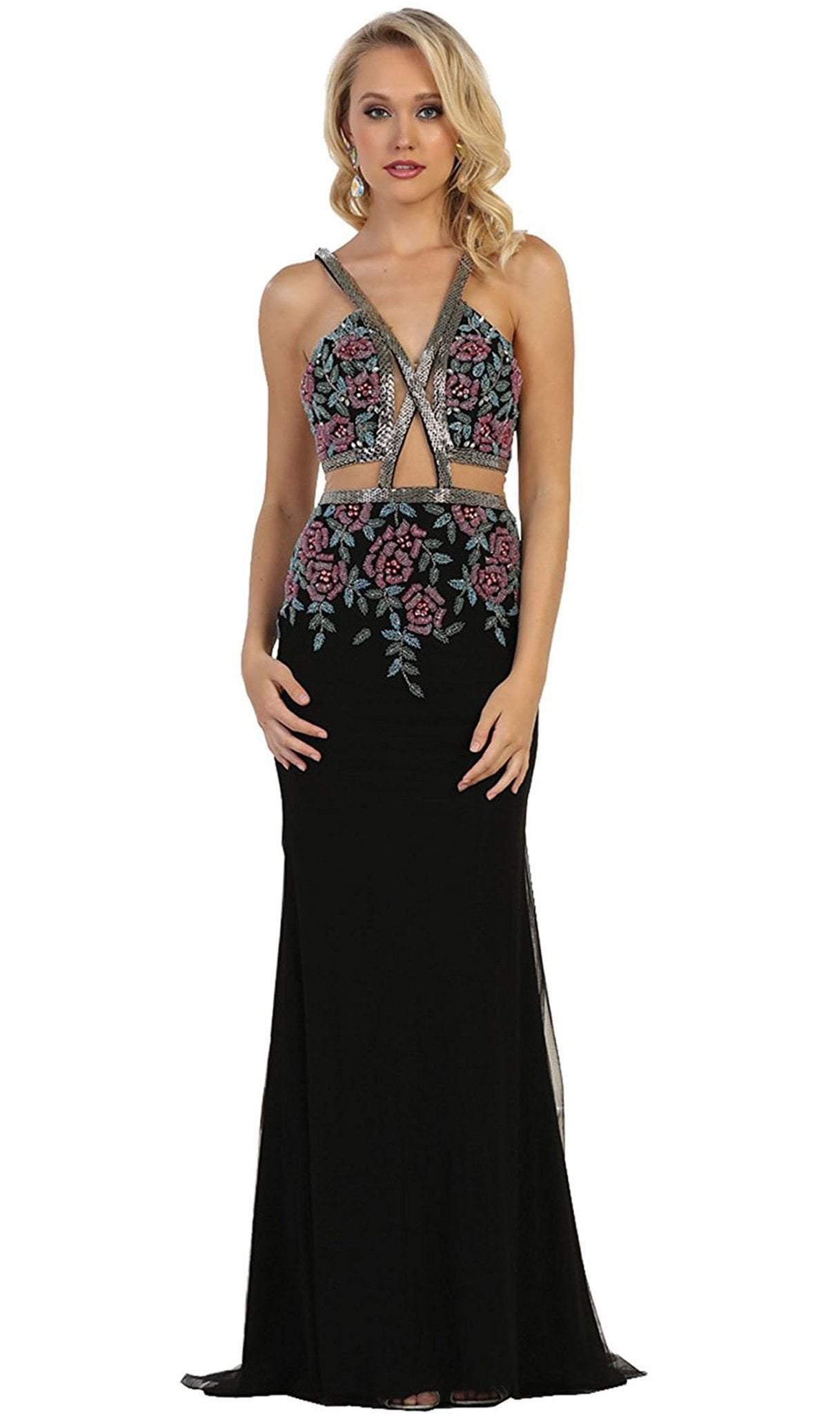 May Queen - Beaded and Embroidered Sleeveless Sheath Evening Gown in Black